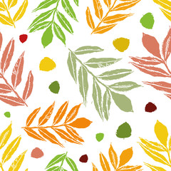 Cheerful orange and green mountain ash and birch autumn leaves in woodcut style design. Seamless vector pattern on white background. Great for wellness, garden packaging, fabric, stationery, packaging