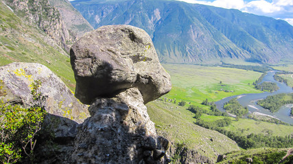 natural phenomenon "stone mushrooms" on the Akkrum tract in the Altai Mountains in the valley of the Chulyshman River