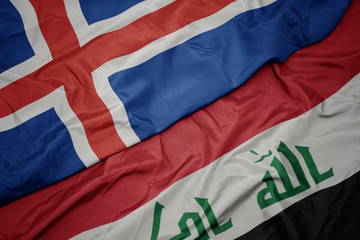 waving colorful flag of iraq and national flag of iceland.