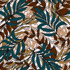 Colorful seamless pattern, tropical plants and leaves. Vector design. Jungle leaf seamless vector floral pattern background. Beautiful exotic plants. Trendy summer Hawaii print.