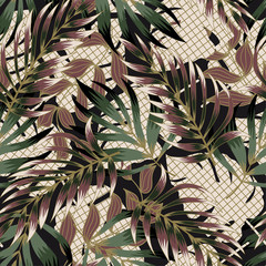 Tropical seamless pattern with leaves and plants. Modern abstract design for fabric, paper, interior decor and other users. Tropical botanical. Jungle leaf seamless vector floral pattern background.