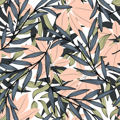 Seamless tropical pattern with plants and leaves in beige tones. Modern abstract design for fabric, paper, interior decor and other users, cover. Seamless exotic pattern with tropical plants.