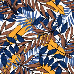Trend seamless pattern with blue and yellow leaves and plants. Tropical botanical. Exotic wallpaper. Jungle leaf seamless vector floral pattern background. Tropic leaves in bright colors.