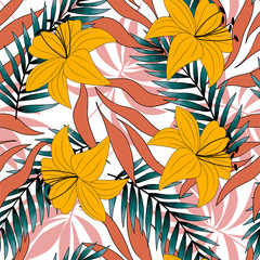 Tropical seamless pattern with colorful flowers and leaves. Summer vector design, Tropical botanical. Exotic wallpaper.  Hawaiian style. Colorful stylish floral.