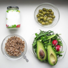 Coconut oil, olives, buckwheat, avocado