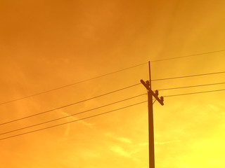 Electric poles on sunset light background.