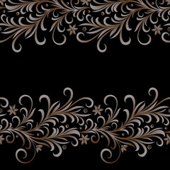 Seamless vector border or brush with vintage floral ornament in golden color on a black background. Element for greeting cards for weddings and other celebrations