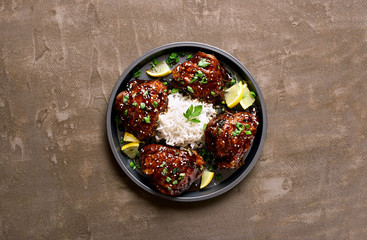 Sweet and spicy honey grilled chicken thighs with rice