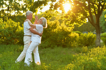 Portrait of happy beautiful senior couple dancing in summer park