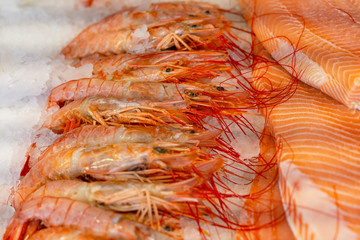 Shrimps and salmon fish on ice, sea food on the market.