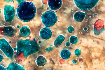 blue and red air bubbles in oil on an orange background close-up