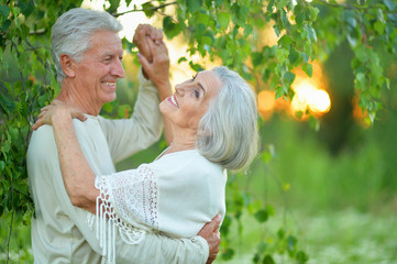 Portrait of happy beautiful senior couple dancing in summer park