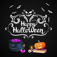 Logo Happy Halloween with pumpkin and witch pot