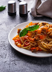 Pasta with eggplant, pepper and tomatoes