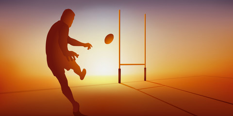 Concept du match de rugby avec un joueur qui transforme un essais, en frappant le ballon pour l’envoyer entre les poteaux. - obrazy, fototapety, plakaty
