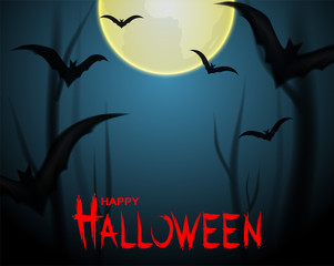 Happy Halloween . Design with bats and moon on night background. . for banner, poster, greeting card, party invitation. vector.