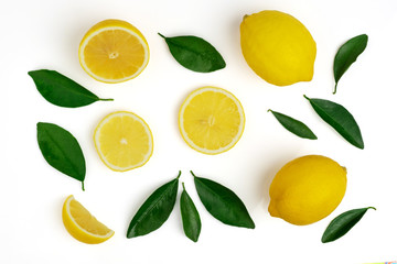 Top view lemon half and slice with leaf isolated on white background with clipping path