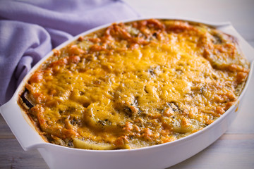 Traditional greek moussaka casserole is eggplant, potato  ground beef (or lamb) dish