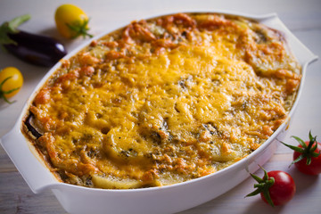 Traditional greek moussaka casserole is eggplant, potato  ground beef (or lamb) dish