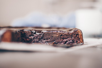 brownie chocolate cake on a brown table