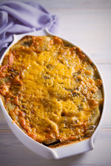 Traditional greek moussaka casserole is eggplant, potato  ground beef (or lamb) dish