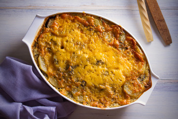Traditional greek moussaka casserole is eggplant, potato  ground beef (or lamb) dish