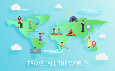 Set of people traveling around the world