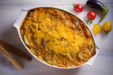 Traditional greek moussaka casserole is eggplant, potato  ground beef (or lamb) dish