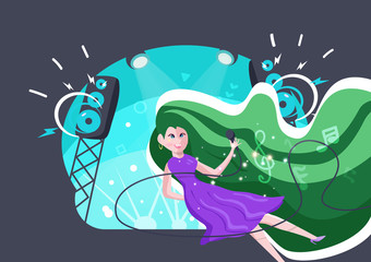 singer girl in concert, music popstar audition concept, people cartoon character, flat design style vector