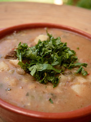  pigeon peas on a brown bowl cooked with pork and curry