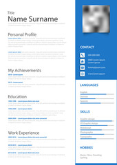 Professional personal resume cv with blue highlight template