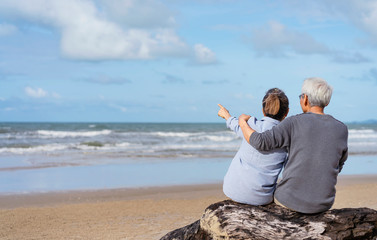 "The elderly couple sit on a relaxing hug on the wooden seas, lifting the hand, pointing forward.An elderly couple sitting on a log at the beach hugging each other..Woman hand pointing forward"