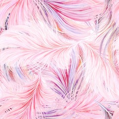 Pastel-colored seamless feather pattern. Seamless glamor background with light pink watercolor feathers of bird. Repeating texture © tinkerfrost