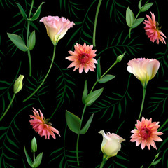Flowers. Floral background. Eustoma. Dahlia. Green leaves. Seamless pattern. Dark.