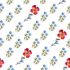 Seamless watercolor background with herbs and blue berries fnd red flowers on white background