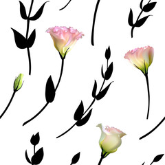 Flowers. Floral background. Eustoma. Leaves. Seamless pattern.