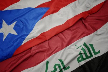 waving colorful flag of iraq and national flag of puerto rico.