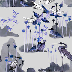 Seamless watercolor pattern with ducks, herons and reeds. Hunting season. Swamp. Baby Wallpaper. Duck, Heron and reeds. Children's illustration. Background for fabric, Wallpaper and design.Design for 