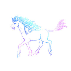 Walking unicorn with flowing mane and tail against the background of a rainbow circle. hand drawn illustration.