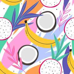 Tropical seamless pattern with coconut, and leaves for print, textile, wallpaper. Modern hand drawn exotic fashion background.