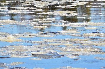 Floes in Kiiminki river. Spring in Kiiminki Finland. Flowing water and reflection.