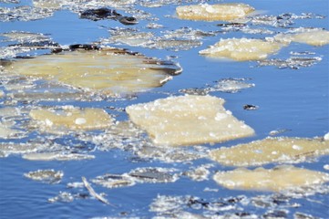 Floes in Kiiminki river. Spring in Kiiminki Finland. Blue water and ice.