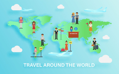 Set of people traveling around the world