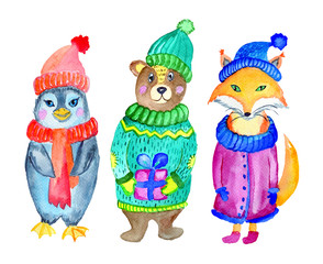 Watercolor  Christmas cartoon bear, penguin and fox in a knitted hat isolated on white background. Hand painted winter illustration.