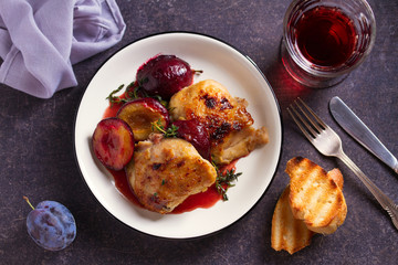 Chicken thighs and plums in ginger, honey and red wine sauce with thyme