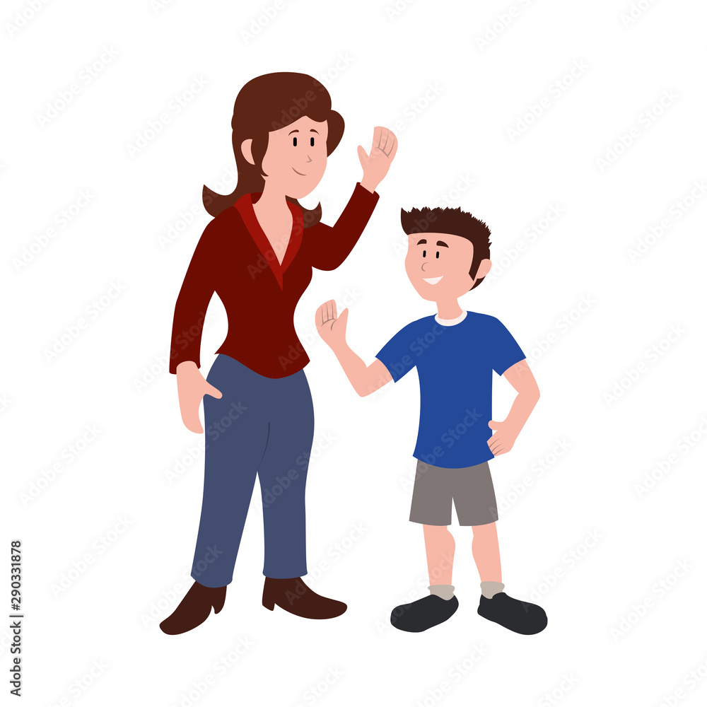 Sticker mother with her son smiling avatar character vector illustration