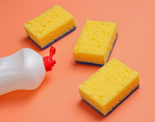 Set of housewives for washing dishes. Dishwasher. Bottle of washing utensils, sponges on coral color background.