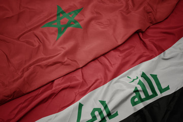waving colorful flag of iraq and national flag of morocco.