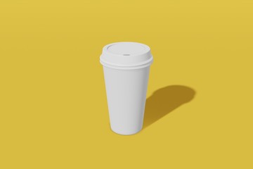 White paper mockup cup with a lid on a yellow background. 3D rendering