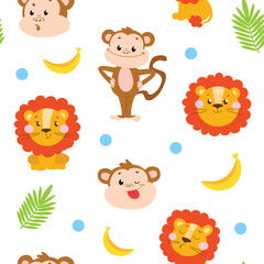 Bright colorful seamless jungle pattern with funny monkey and cute lion